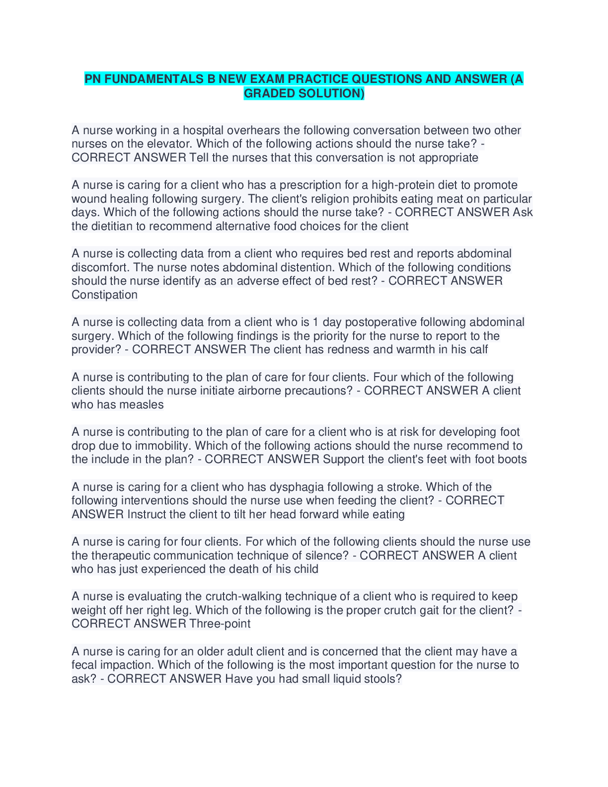 Preview image for PN FUNDAMENTALS B NEW EXAM PRACTICE QUESTIONS AND ANSWER (A GRADED SOLUTION)